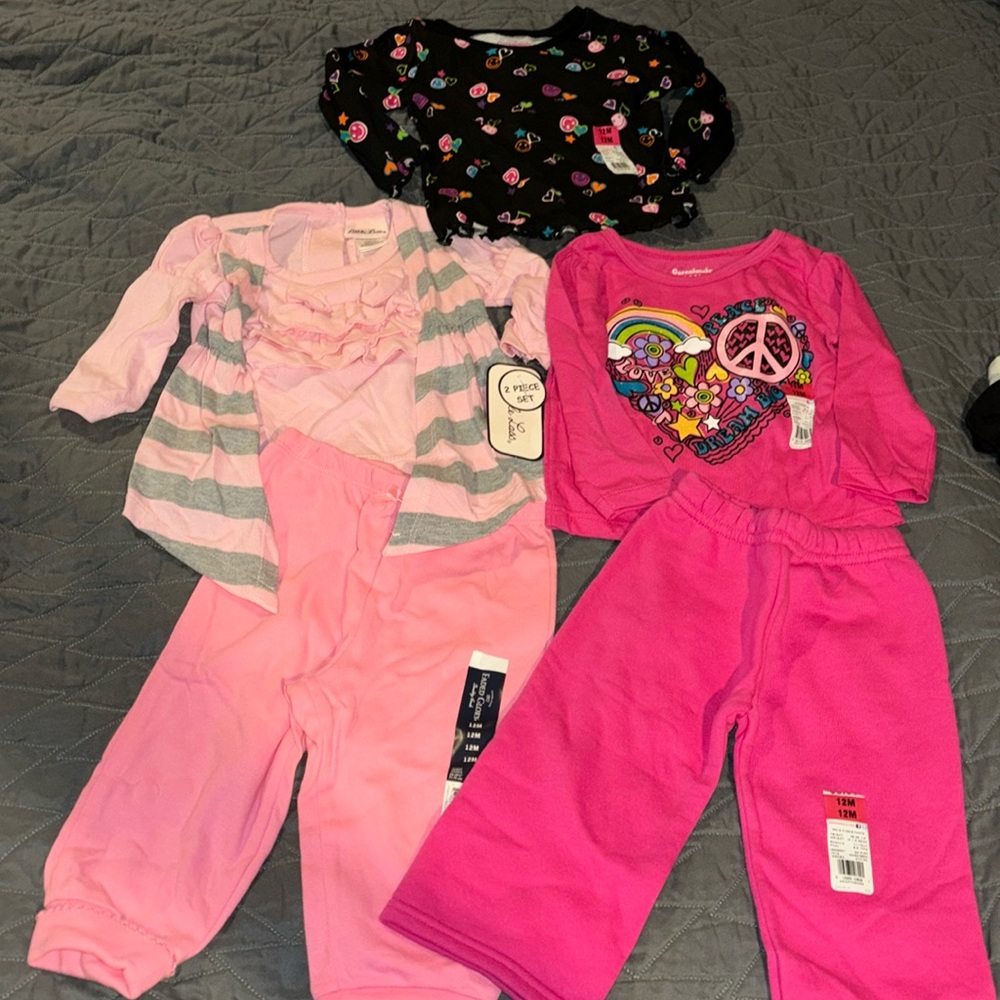 5 NWT lot baby 12m pink pants sweatpants 2 heart print shirts & dressy striped